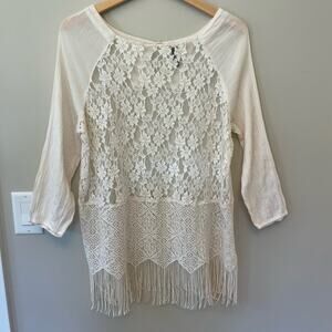 Free People Sheer Fringe Lace Boho Hippie Top Sz L